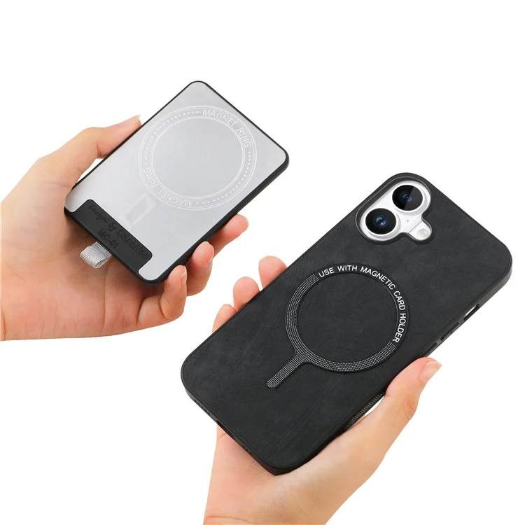 D7 Para Iphone 16 Caso Magnético Ring Kickstand PU Couro Teleping Back Cover - Preto
