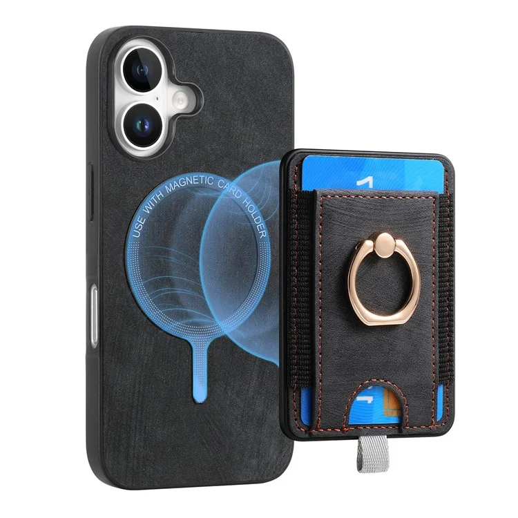 D7 Para Iphone 16 Caso Magnético Ring Kickstand PU Couro Teleping Back Cover - Preto
