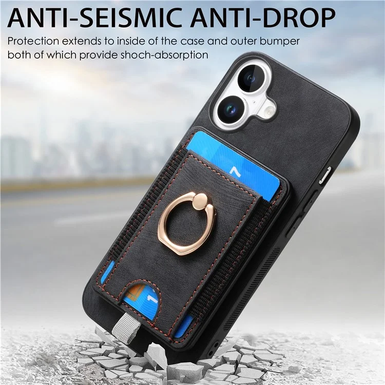 D7 Para Iphone 16 Caso Magnético Ring Kickstand PU Couro Teleping Back Cover - Preto