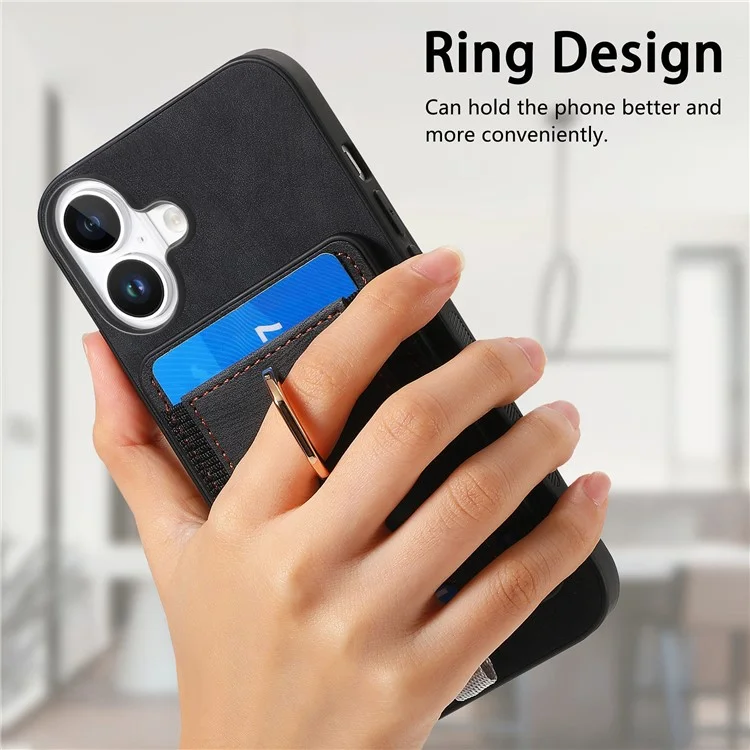 D7 Para Iphone 16 Caso Magnético Ring Kickstand PU Couro Teleping Back Cover - Preto