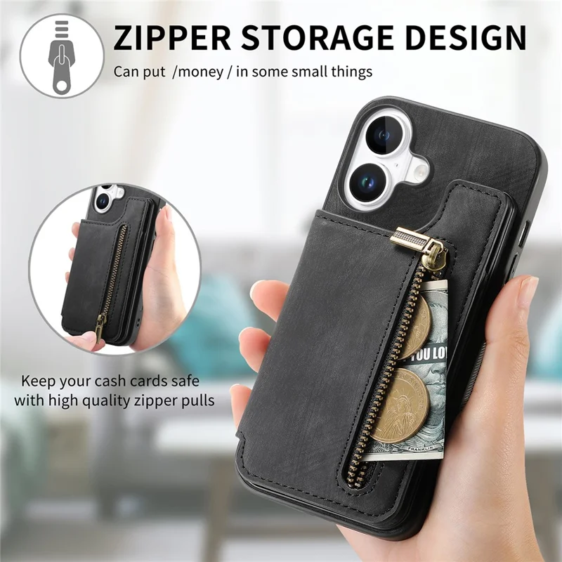 iPhone 16 Pro hoesje met kaarthouder Retro leer+TPU rits telefoonhoes - Zwart