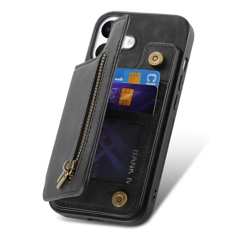 iPhone 16 Pro hoesje met kaarthouder Retro leer+TPU rits telefoonhoes - Zwart