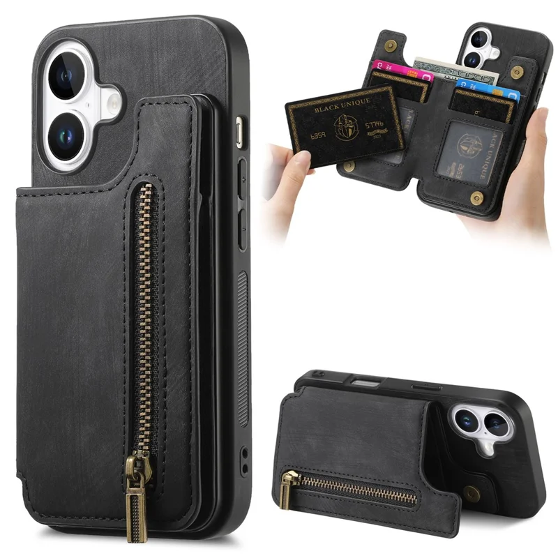 For iPhone 16 Case with Zipper Card Holder Leather+TPU Phone Cover - Black