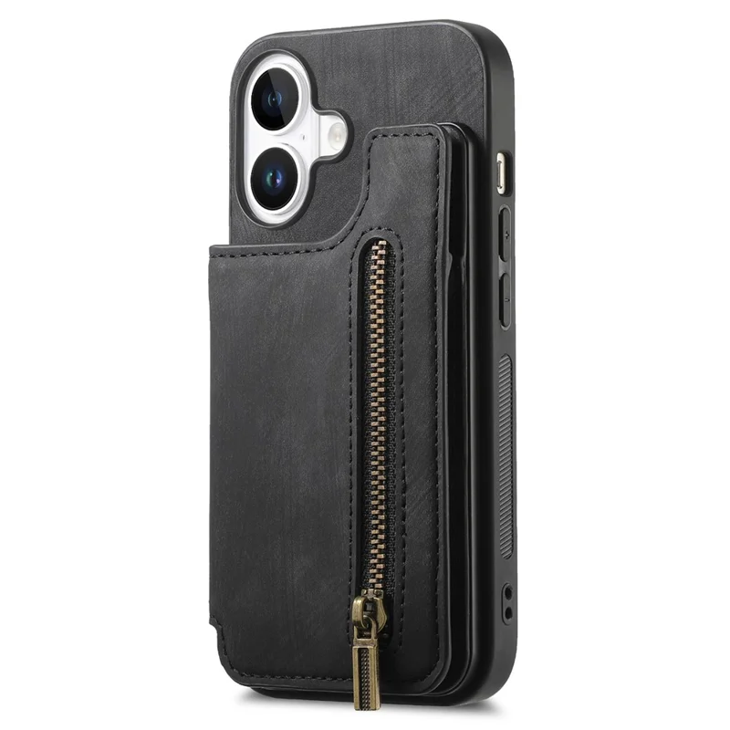 For iPhone 16 Case with Zipper Card Holder Leather+TPU Phone Cover - Black