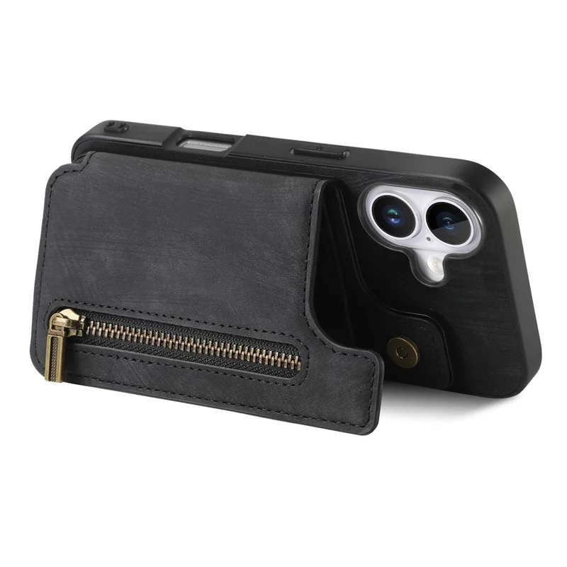 For iPhone 16 Case with Zipper Card Holder Leather+TPU Phone Cover - Black