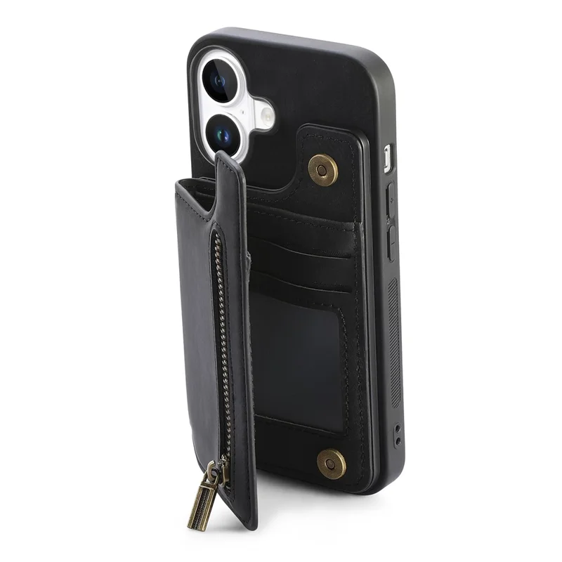 For iPhone 16 Case with Zipper Card Holder Leather+TPU Phone Cover - Black