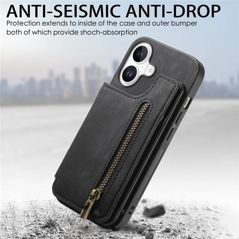 For iPhone 16 Case with Zipper Card Holder Leather+TPU Phone Cover - Black