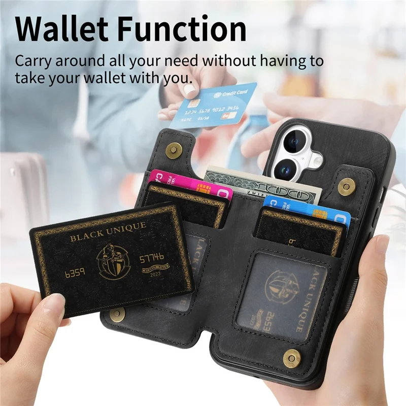 For iPhone 16 Case with Zipper Card Holder Leather+TPU Phone Cover - Black