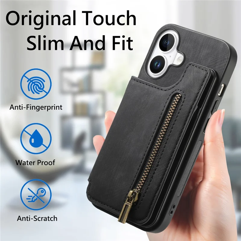 For iPhone 16 Case with Zipper Card Holder Leather+TPU Phone Cover - Black