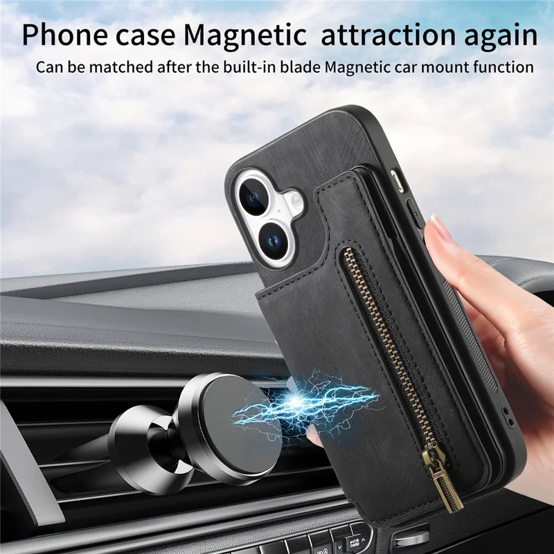 For iPhone 16 Case with Zipper Card Holder Leather+TPU Phone Cover - Black