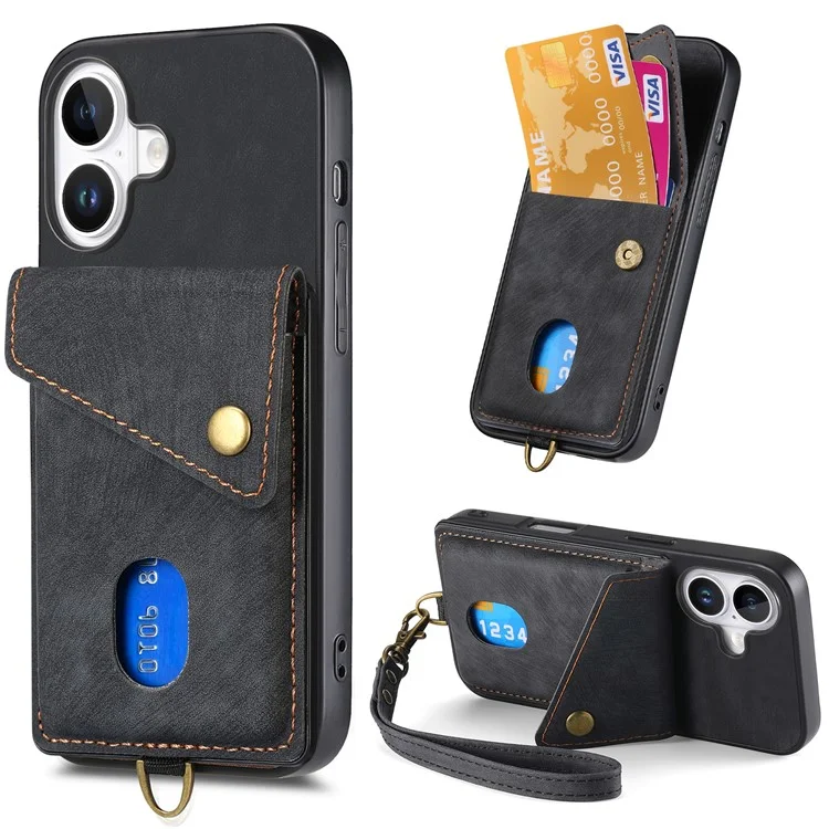 For iPhone 16 Plus Case with Card Slot Kickstand Leather TPU Phone Cover - Black
