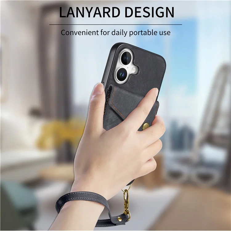 For iPhone 16 Plus Case with Card Slot Kickstand Leather TPU Phone Cover - Black