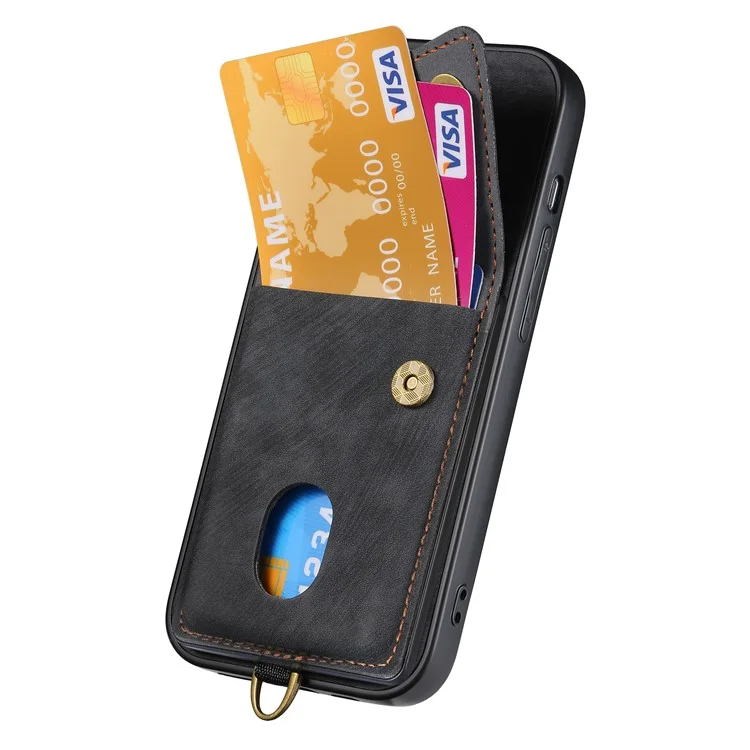 For iPhone 16 Plus Case with Card Slot Kickstand Leather TPU Phone Cover - Black