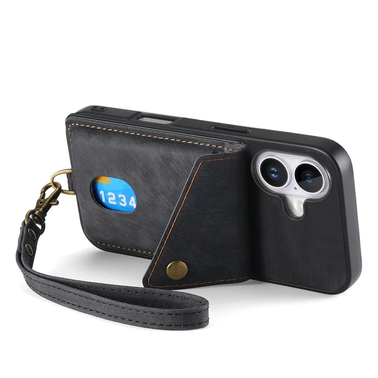 For iPhone 16 Plus Case with Card Slot Kickstand Leather TPU Phone Cover - Black