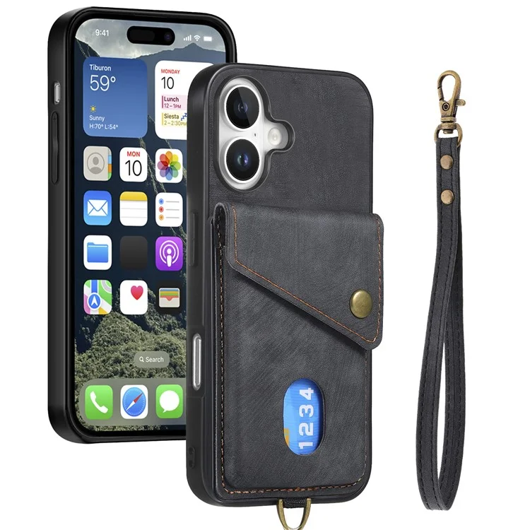 For iPhone 16 Plus Case with Card Slot Kickstand Leather TPU Phone Cover - Black