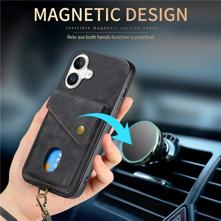 For iPhone 16 Plus Case with Card Slot Kickstand Leather TPU Phone Cover - Black