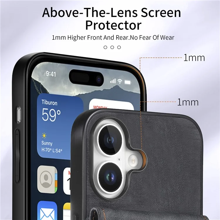 For iPhone 16 Plus Case with Card Slot Kickstand Leather TPU Phone Cover - Black