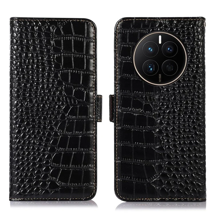 Para Huawei Mate 50 4G Genuine Cowide Shide Cabine Magnetic Casp Caso Caso de Crocodilo Textura RFID Bloqueio Tampa da Carteira da Carteira - Preto