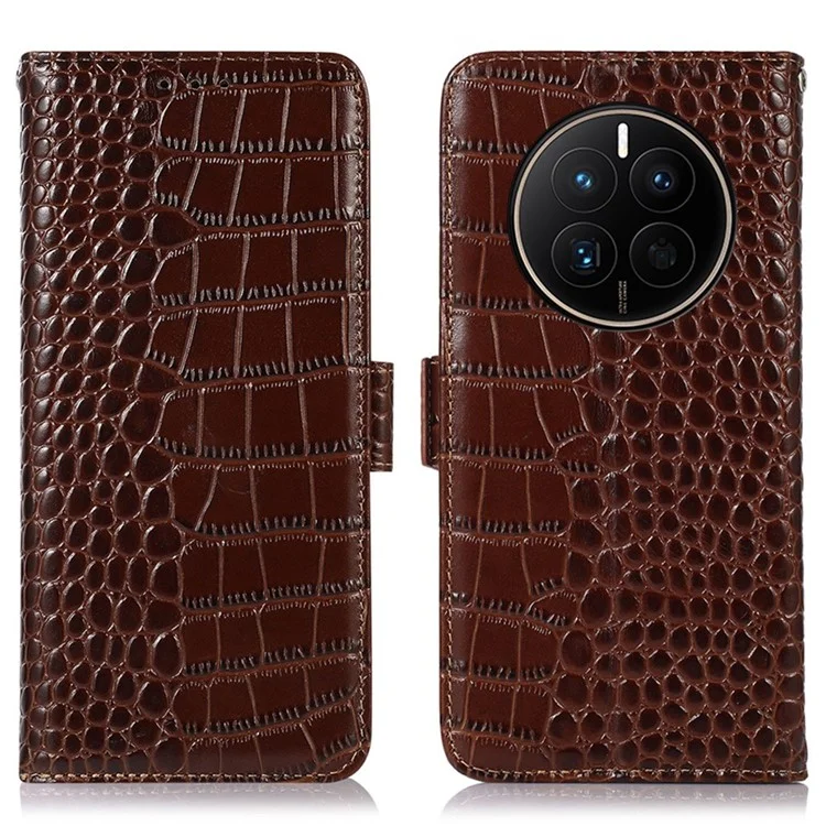 Para Huawei Mate 50 4G Genuine Cow Wide Cowning Chops Magnetic Case Crocodile Textura Rfid Bloqueo de Soporte de la Billetera Cubierta Del Teléfono - Marrón