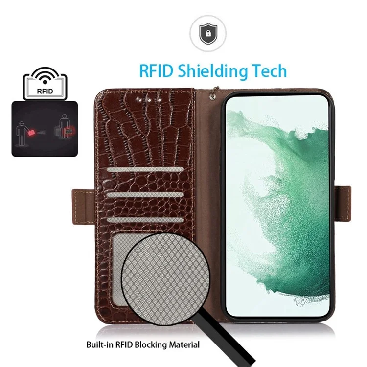 Para Huawei Mate 50 4G Genuine Cow Wide Cowning Chops Magnetic Case Crocodile Textura Rfid Bloqueo de Soporte de la Billetera Cubierta Del Teléfono - Marrón