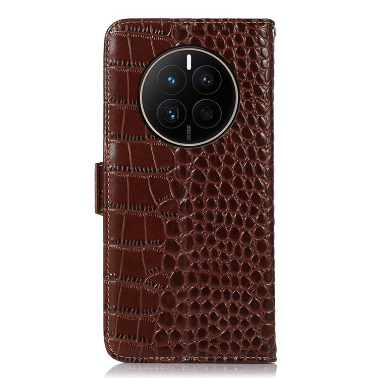 Para Huawei Mate 50 4G Genuine Cow Wide Cowning Chops Magnetic Case Crocodile Textura Rfid Bloqueo de Soporte de la Billetera Cubierta Del Teléfono - Marrón