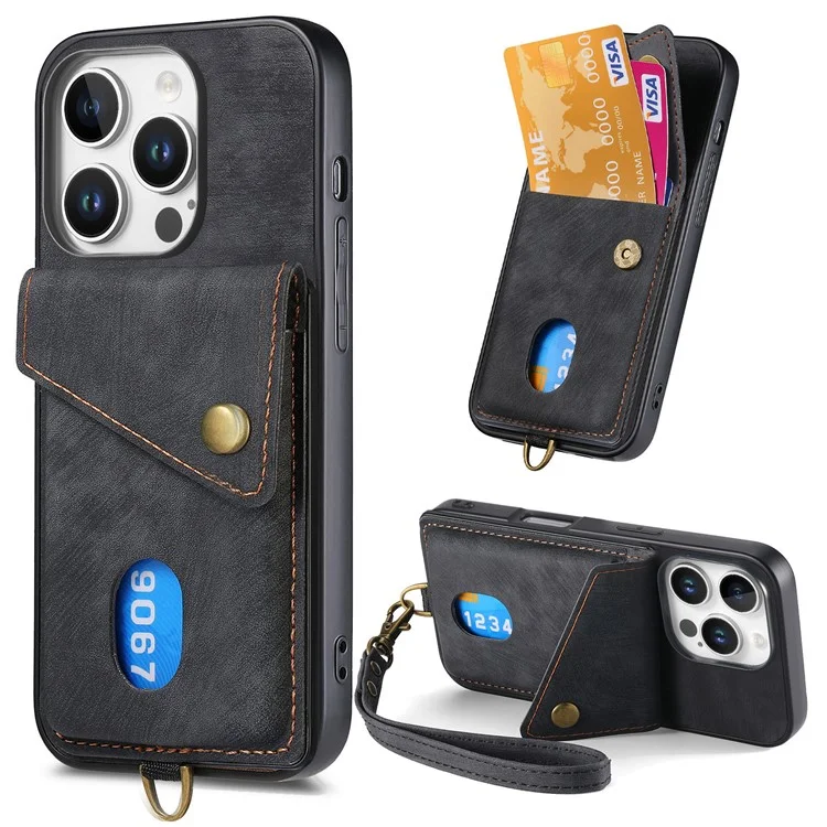 Für Das Iphone 16 Pro Max Hülle Mit Kartenplatz Kickstand Leder -tpu -telefonabdeckung - Schwarz