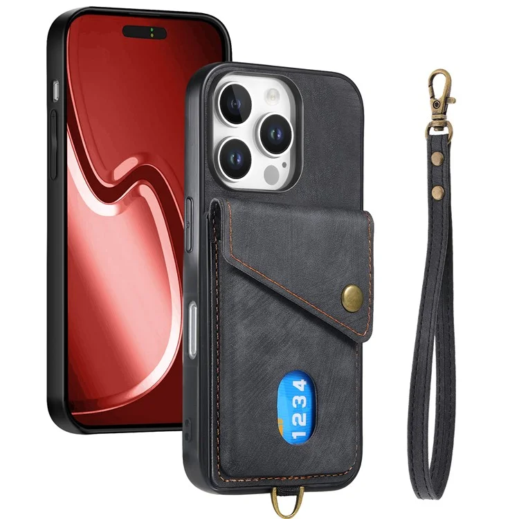 Für Das Iphone 16 Pro Max Hülle Mit Kartenplatz Kickstand Leder -tpu -telefonabdeckung - Schwarz