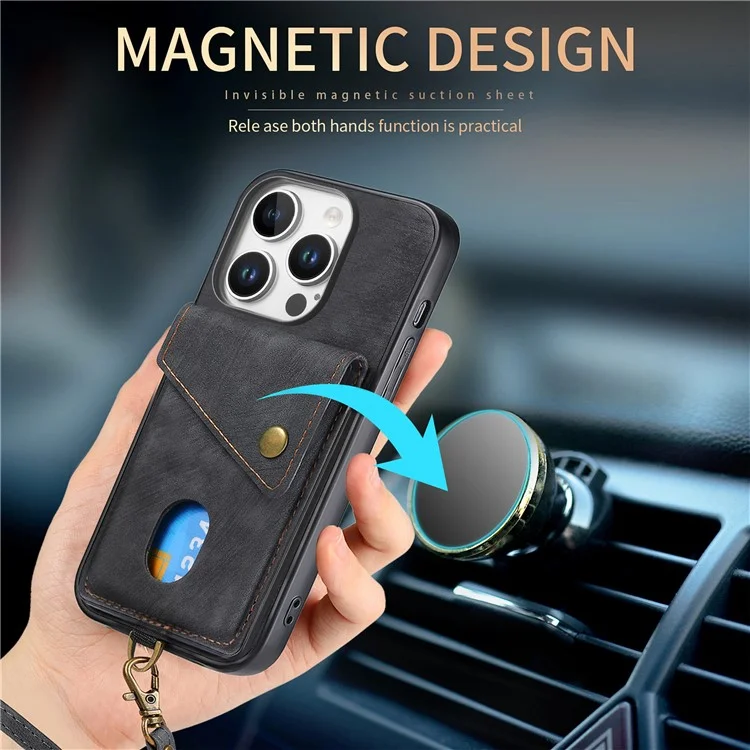 Für Das Iphone 16 Pro Max Hülle Mit Kartenplatz Kickstand Leder -tpu -telefonabdeckung - Schwarz