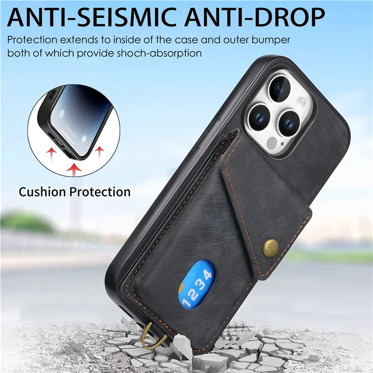 Für Das Iphone 16 Pro Max Hülle Mit Kartenplatz Kickstand Leder -tpu -telefonabdeckung - Schwarz