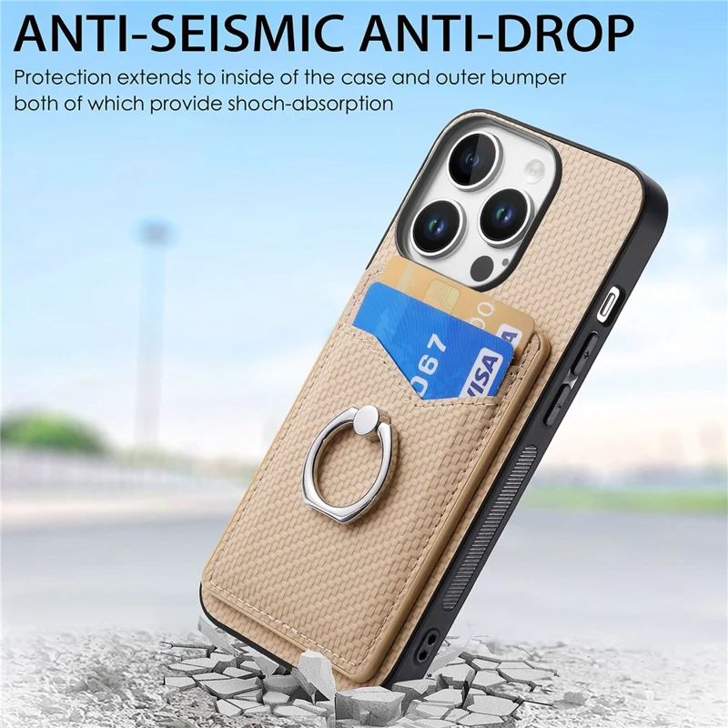 For iPhone 16 Pro Case Card Slots Ring Holder Kickstand Phone Cover - Apricot