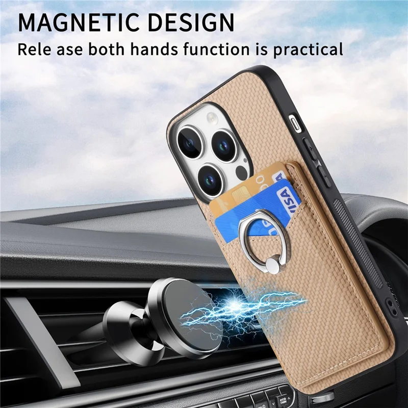 For iPhone 16 Pro Case Card Slots Ring Holder Kickstand Phone Cover - Apricot