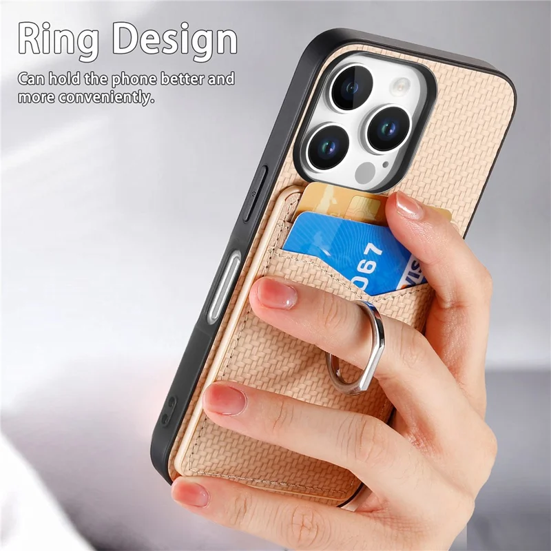 For iPhone 16 Pro Case Card Slots Ring Holder Kickstand Phone Cover - Apricot
