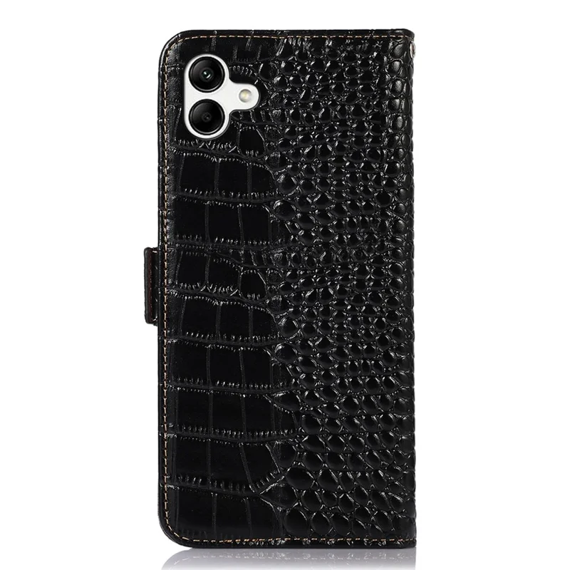 For Samsung Galaxy A04 4G (164.4 x 76.3 x 9.1 mm) Genuine Cowhide Leather Stand Wallet Cover Crocodile Texture Phone Case with RFID Blocking - Black