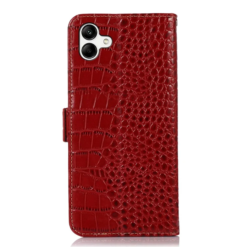 For Samsung Galaxy A04 4G (164.4 x 76.3 x 9.1 mm) Genuine Cowhide Leather Stand Wallet Cover Crocodile Texture Phone Case with RFID Blocking - Red