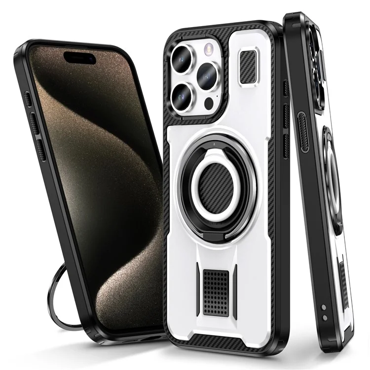 For iPhone 15 Pro Max Case TPU+PC Kickstand Phone Cover with Silicone Finger Strap - White