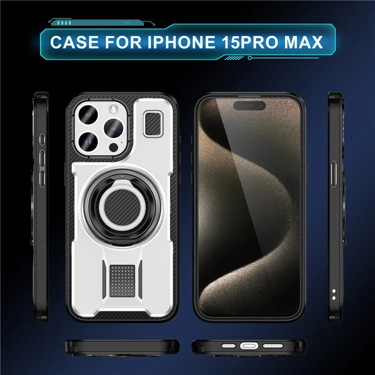 For iPhone 15 Pro Max Case TPU+PC Kickstand Phone Cover with Silicone Finger Strap - White