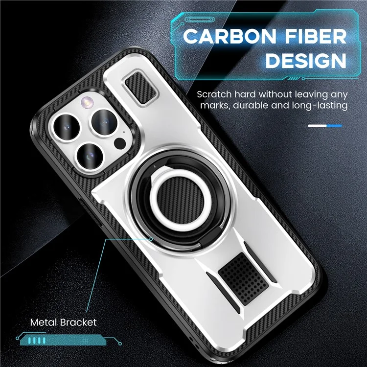 For iPhone 15 Pro Max Case TPU+PC Kickstand Phone Cover with Silicone Finger Strap - White