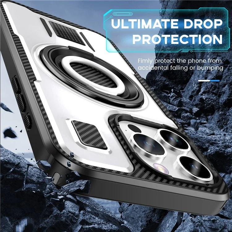 For iPhone 15 Pro Max Case TPU+PC Kickstand Phone Cover with Silicone Finger Strap - White