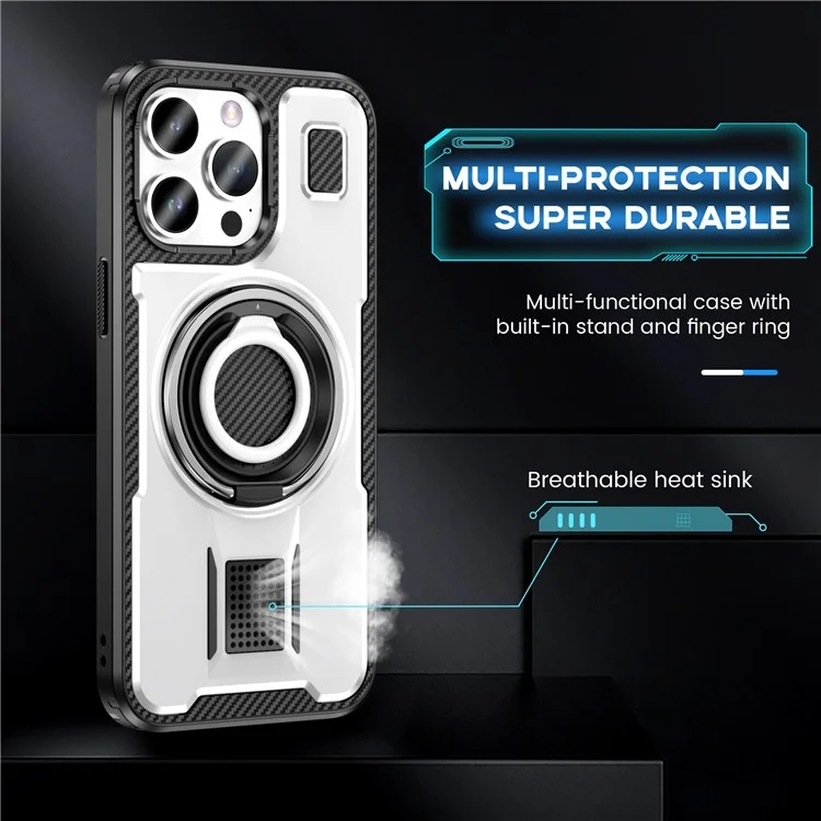 For iPhone 15 Pro Max Case TPU+PC Kickstand Phone Cover with Silicone Finger Strap - White