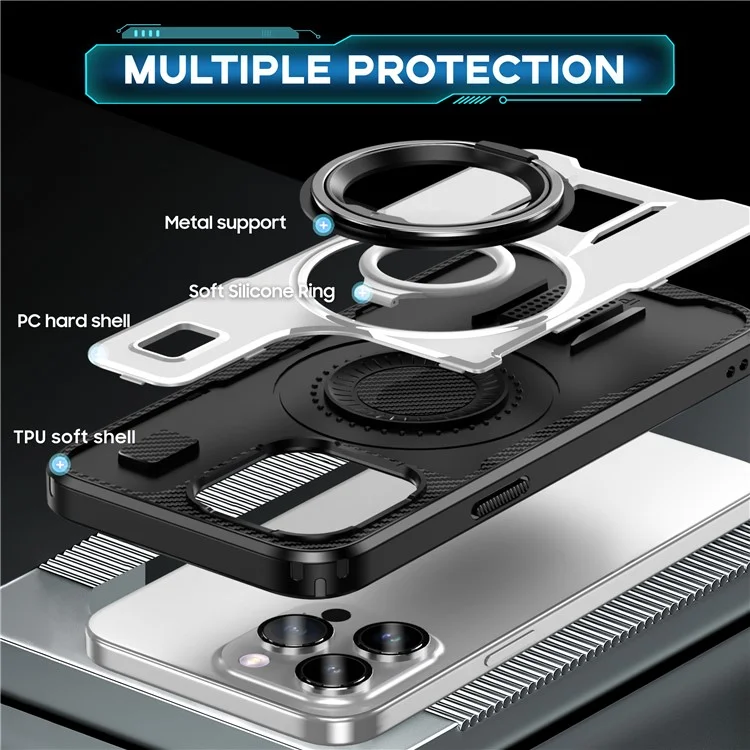 For iPhone 15 Pro Max Case TPU+PC Kickstand Phone Cover with Silicone Finger Strap - White