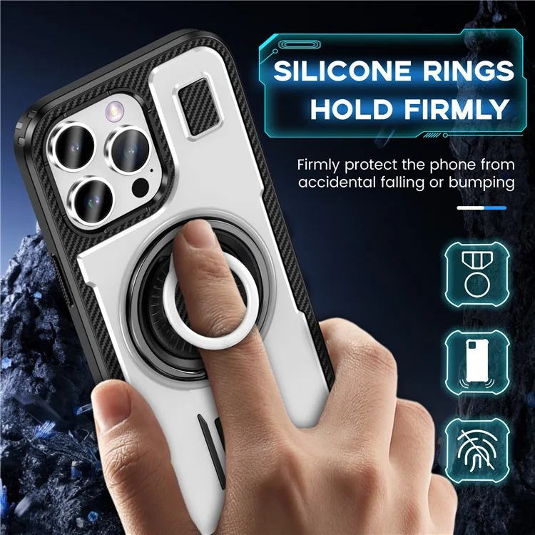 For iPhone 15 Pro Max Case TPU+PC Kickstand Phone Cover with Silicone Finger Strap - White