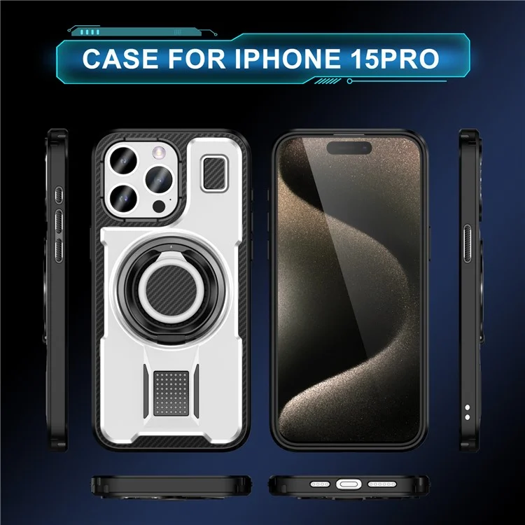 For iPhone 15 Pro Case TPU+PC Kickstand Phone Cover with Silicone Finger Strap - White