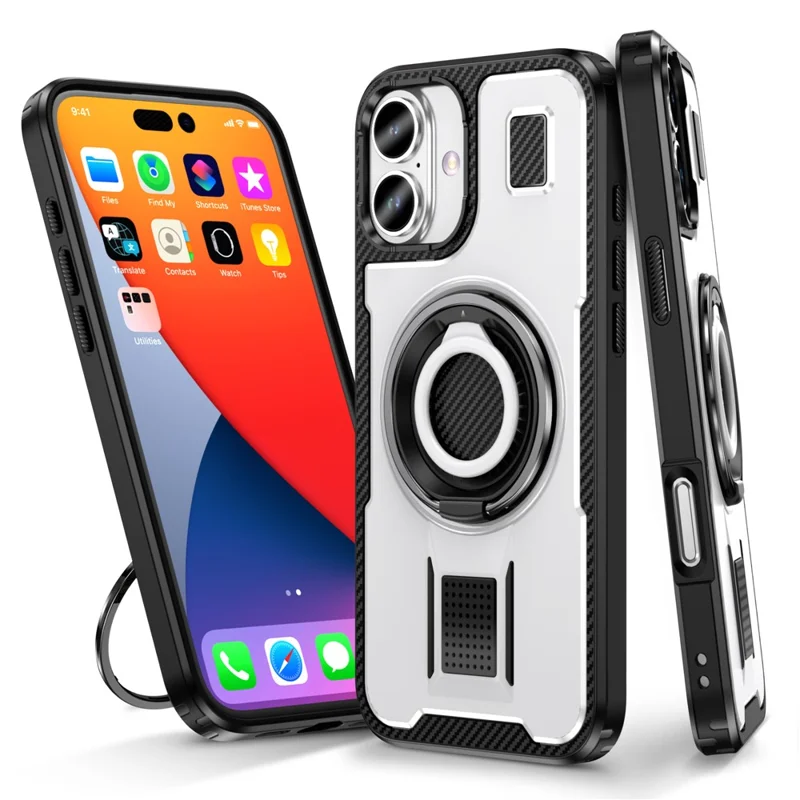 Para Iphone 16 Case TPU+PC Kickstand Cover Con Correa Para Los Dedos de Silicona - Blanco