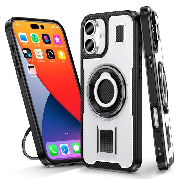 For iPhone 16 Plus Case TPU+PC Kickstand Phone Cover with Silicone Finger Strap - White