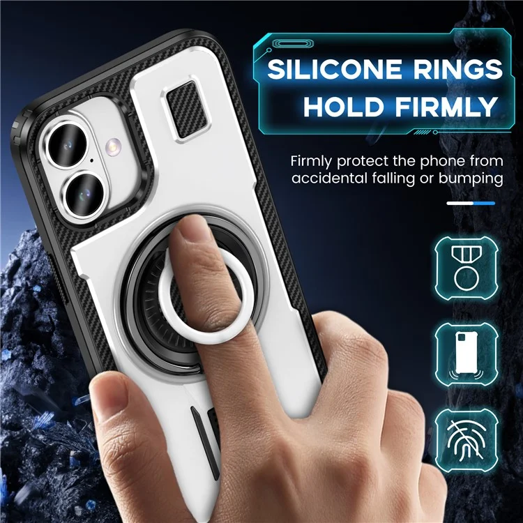 For iPhone 16 Plus Case TPU+PC Kickstand Phone Cover with Silicone Finger Strap - White