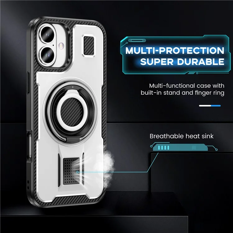 For iPhone 16 Plus Case TPU+PC Kickstand Phone Cover with Silicone Finger Strap - White