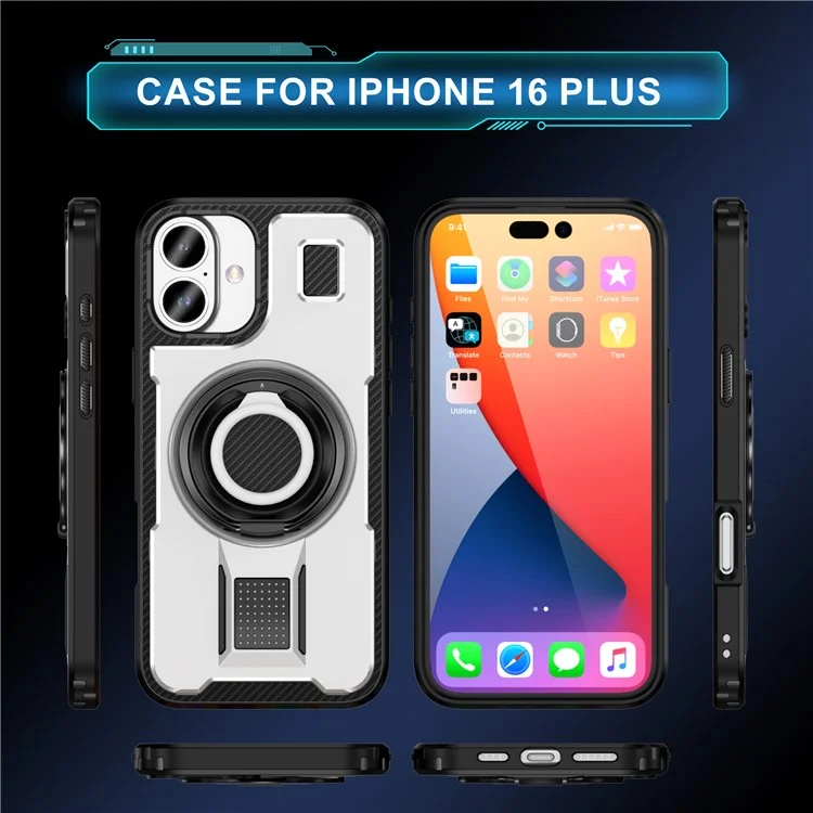 For iPhone 16 Plus Case TPU+PC Kickstand Phone Cover with Silicone Finger Strap - White