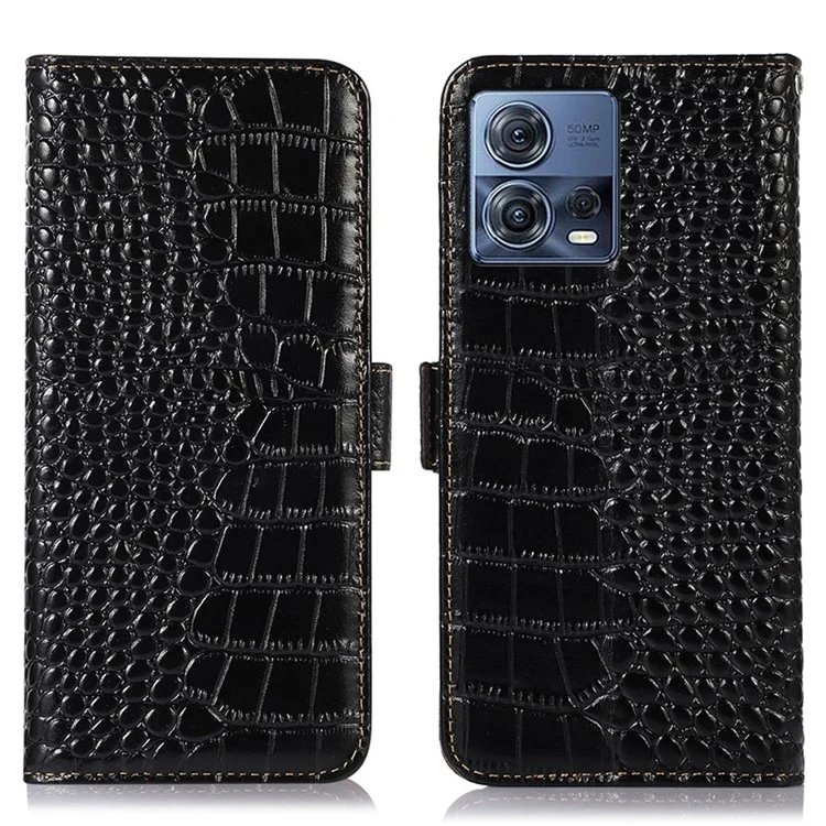 Für Motorola Moto S30 Pro 5G Echtes Kuhläden -leder -phone -hülle Krokodiltextur RFID -blockierungsabdeckung Mit Standbrieftasche - Schwarz