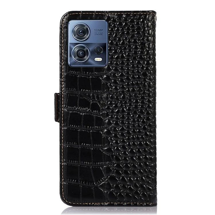 Für Motorola Moto S30 Pro 5G Echtes Kuhläden -leder -phone -hülle Krokodiltextur RFID -blockierungsabdeckung Mit Standbrieftasche - Schwarz