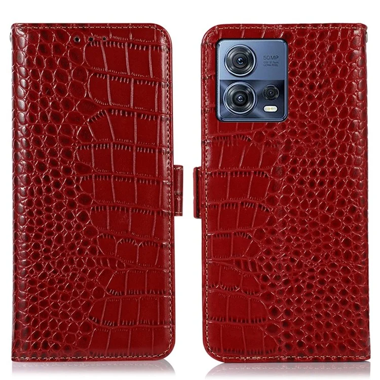 Für Motorola Moto S30 Pro 5G Echtes Kuhläden -leder -phone -hülle Krokodiltextur RFID -blockierungsabdeckung Mit Standbrieftasche - Rot